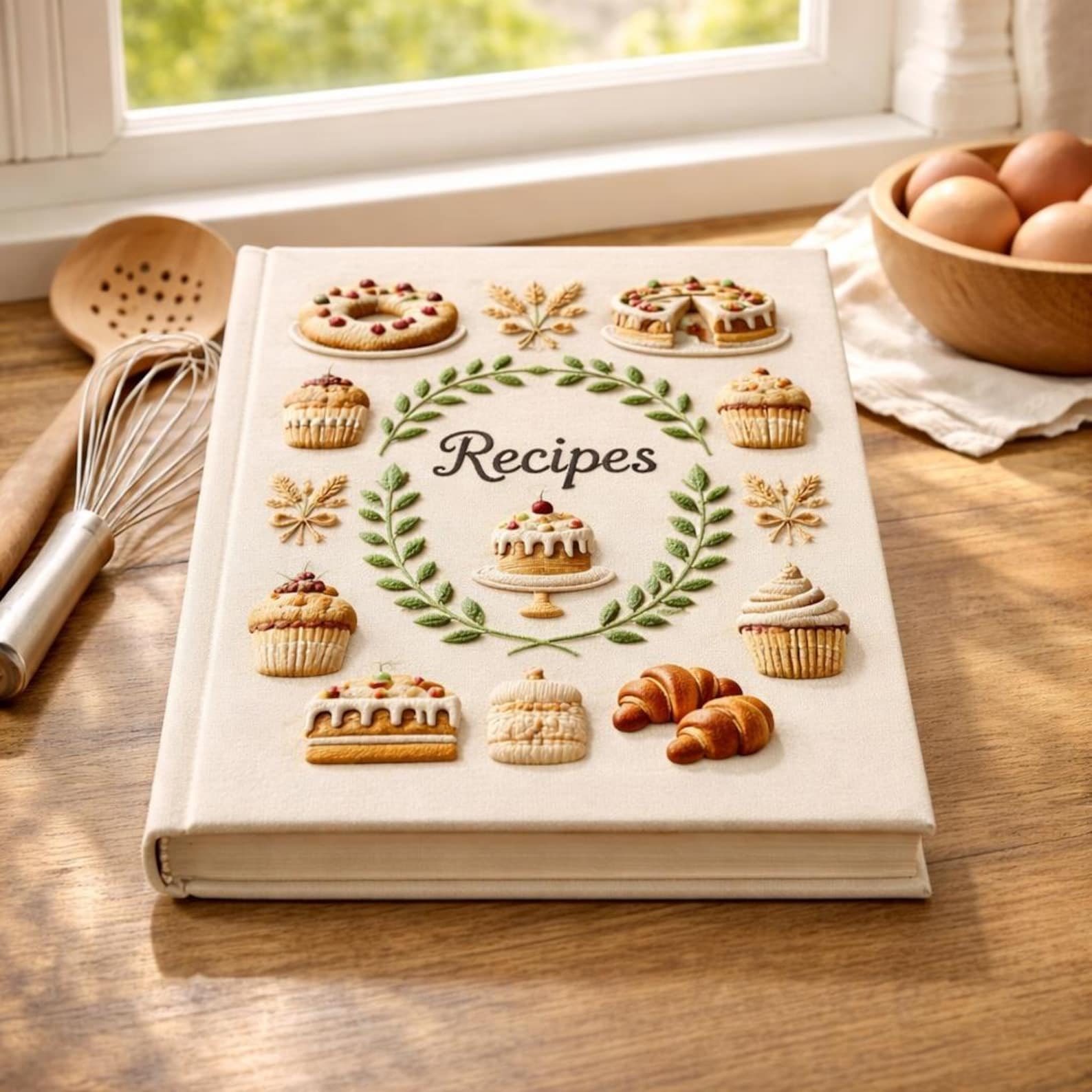 Hand embroidered recipe book featuring cakes, cupcakes, donuts, croissants and botanical wreath design on a linen cover.