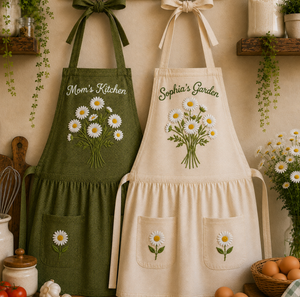 Personalized hand embroidered linen apron featuring daisy bouquet embroidery, custom name personalization, cottage garden floral design, and daisy pocket accents.