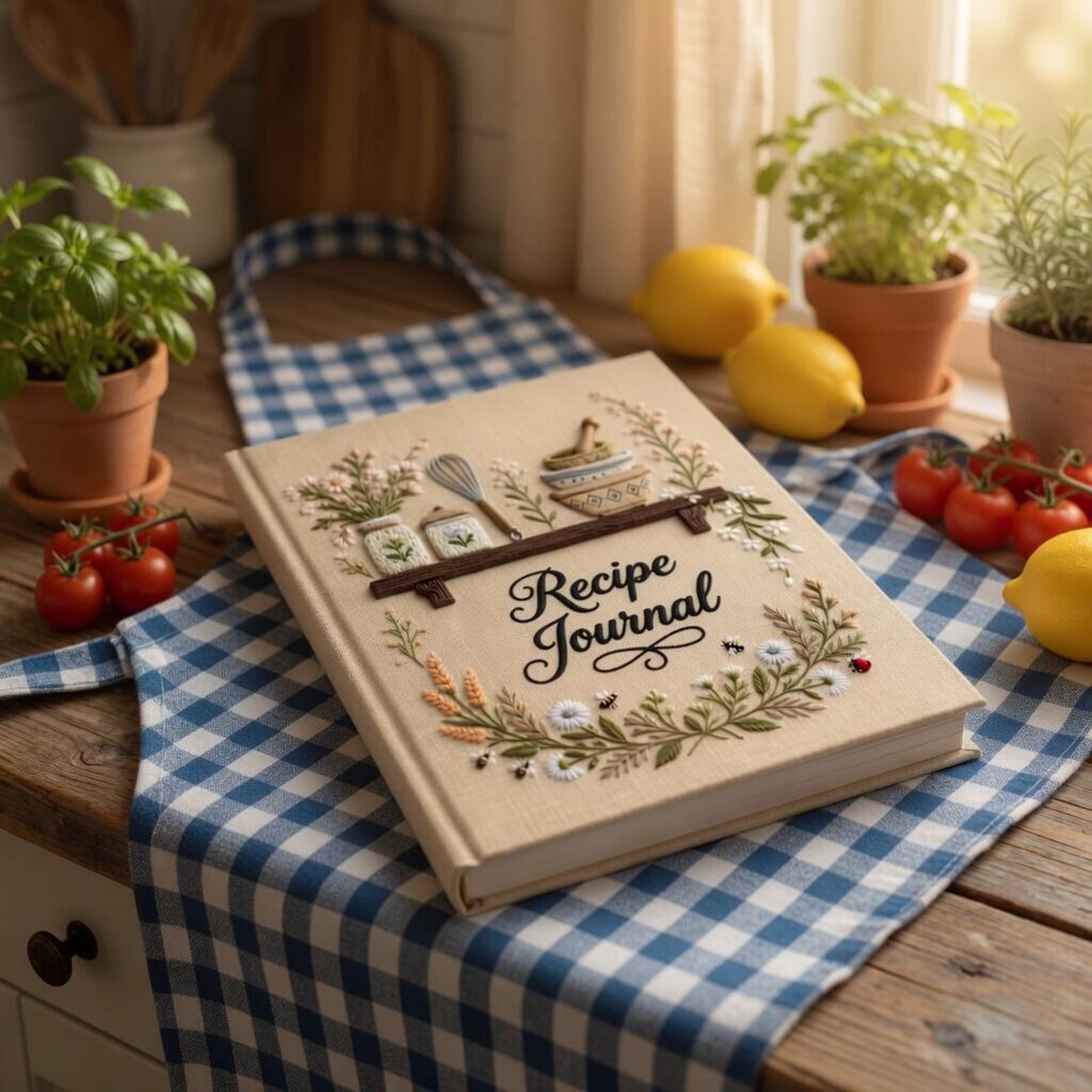Hand embroidered recipe journal featuring cottage kitchen shelf with herb jars whisk mortar and pestle surrounded by floral garden accents