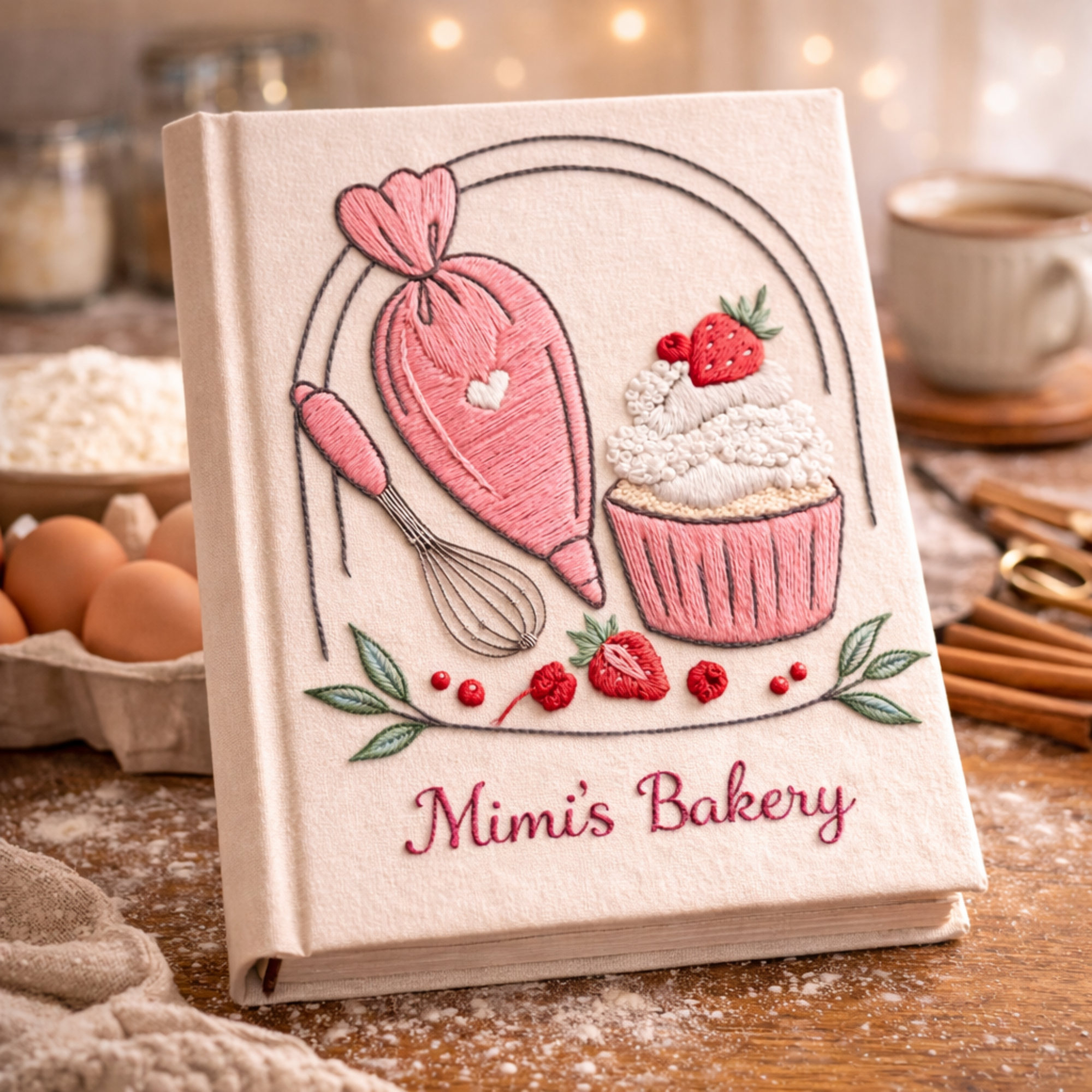 Personalized hand embroidered recipe book featuring a pink piping bag, whisk, strawberry cupcake and bakery-themed embroidery on a linen cover.