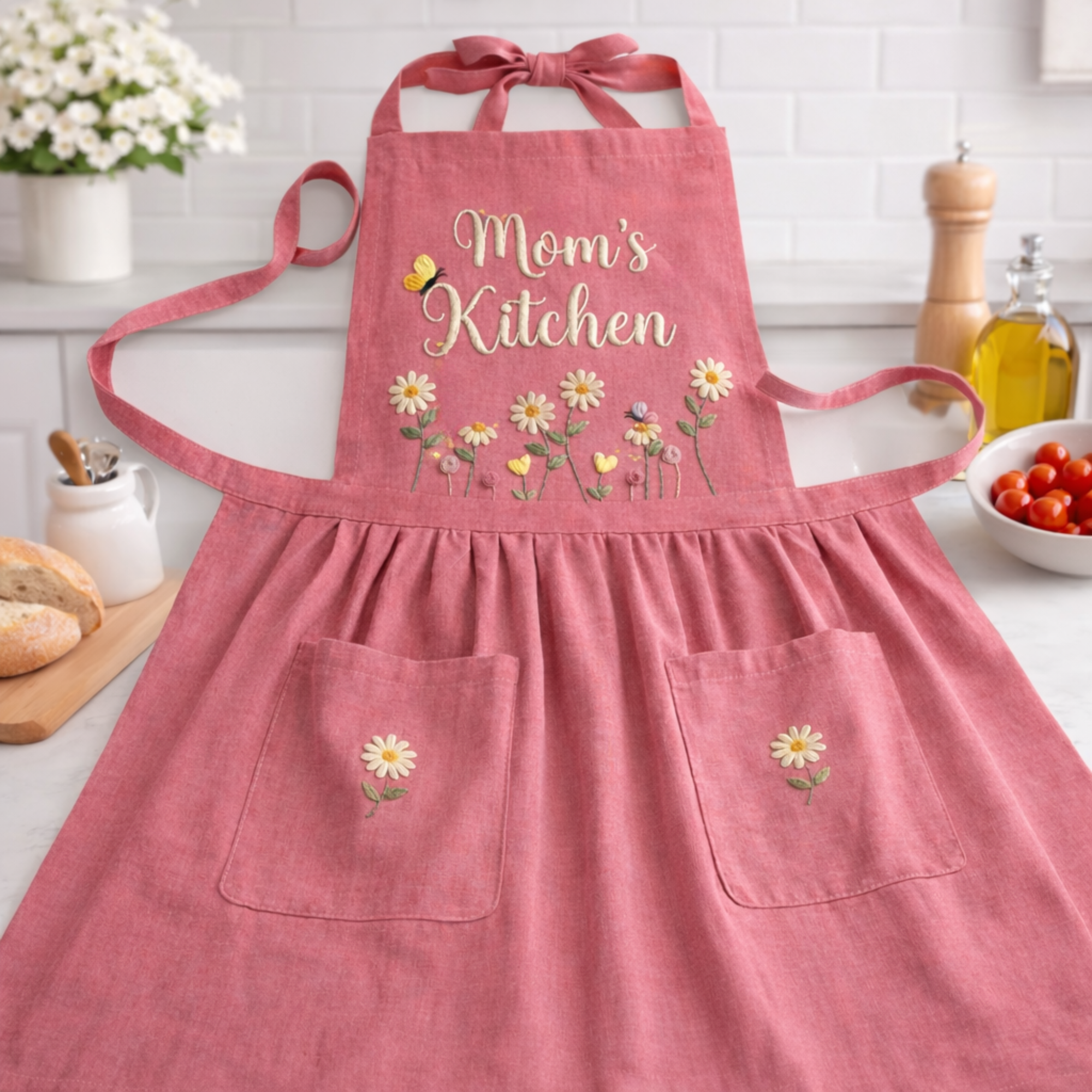 Personalized hand embroidered apron featuring bees, wildflowers, daisy flowers, and custom name embroidery on pink linen fabric.