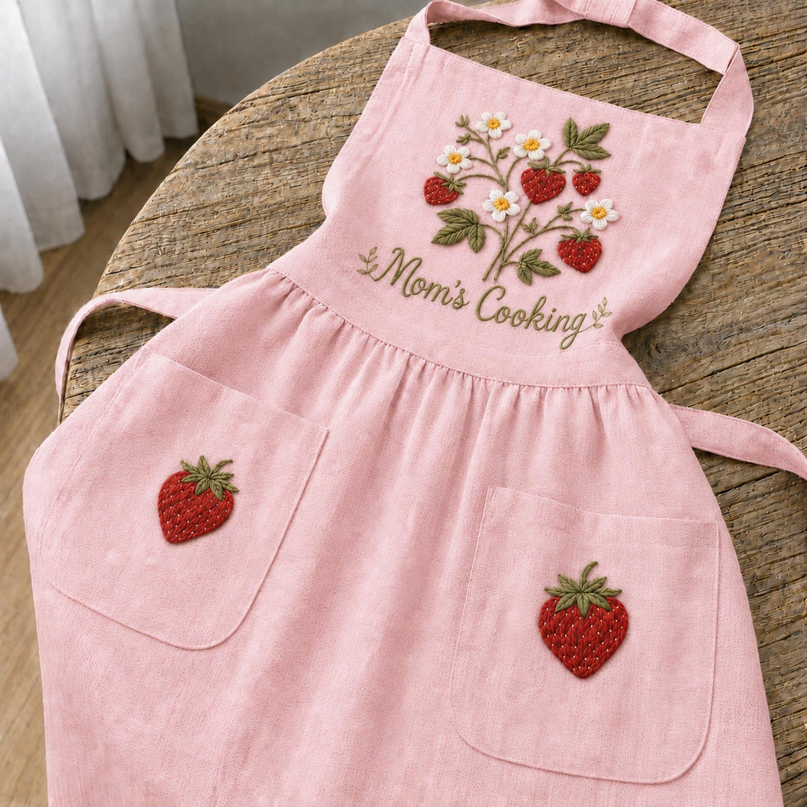 Personalized hand embroidered strawberry garden linen apron featuring strawberries, white flowers, botanical vines and custom text, cottagecore kitchen apron gift.
