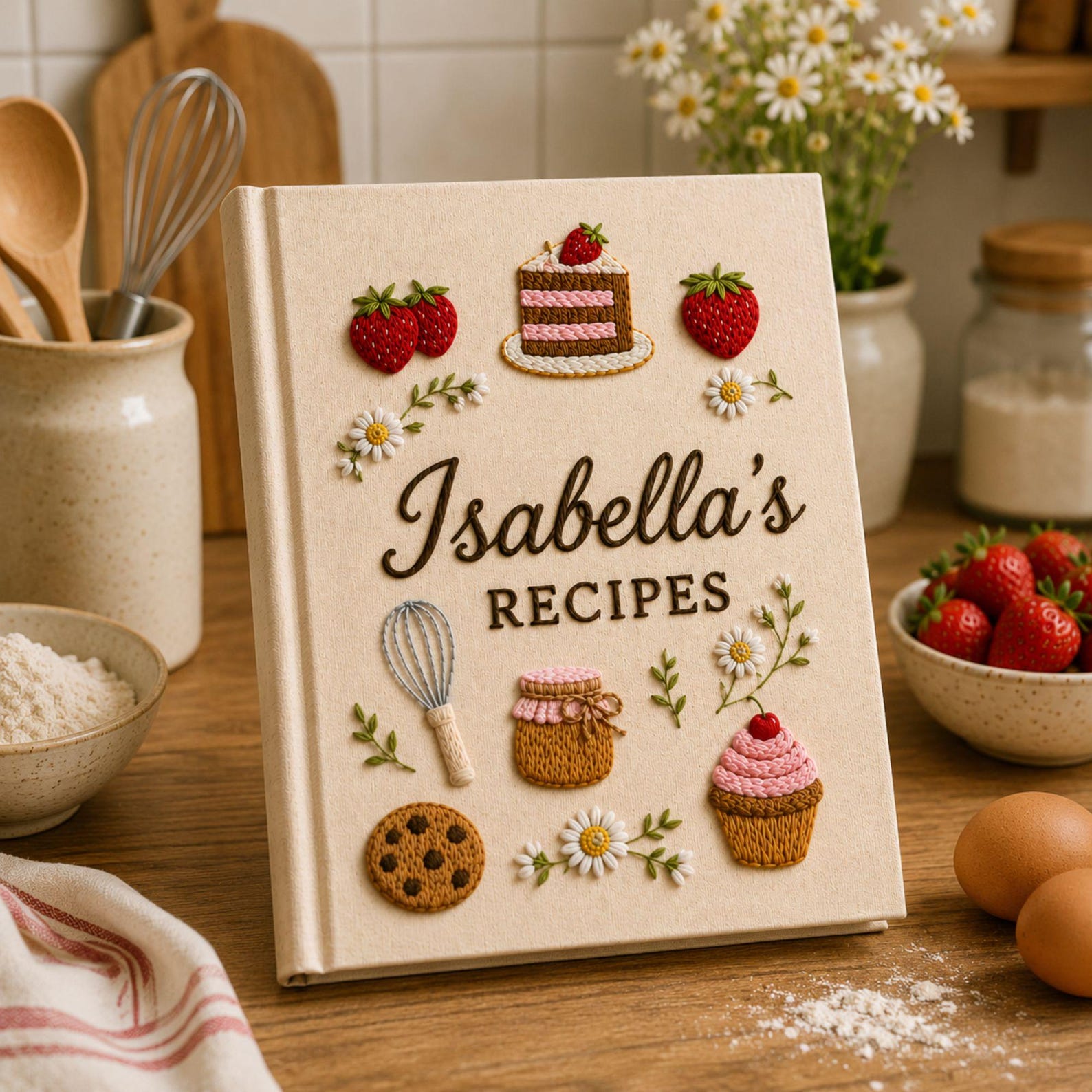 Personalized strawberry bakery hand embroidered recipe book featuring strawberries jam cupcakes layered cakes cookies and floral embroidery