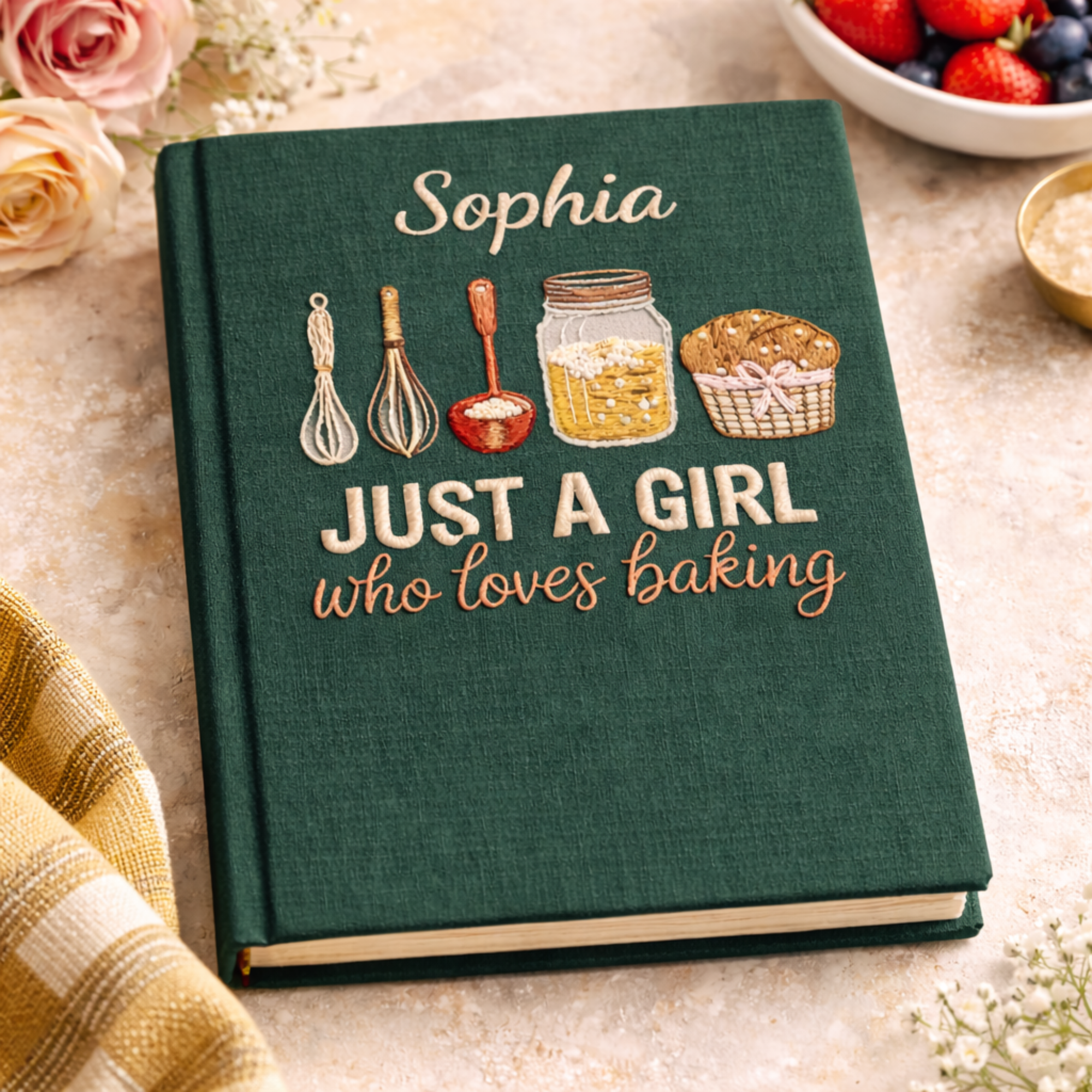 Personalized hand embroidered recipe book featuring baking tools, pantry ingredients, whisk illustrations, and rustic farmhouse baking-themed embroidery on a linen cover.