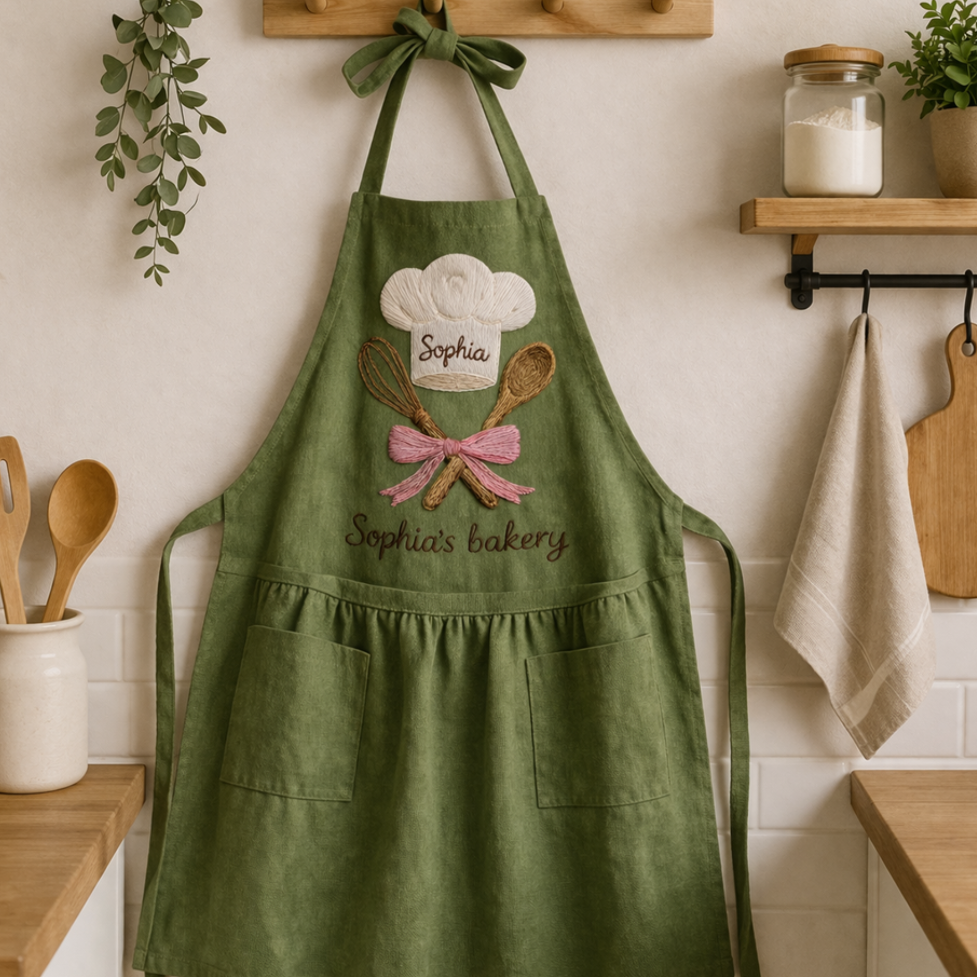 Personalized baker hand embroidered linen apron featuring chef hat, whisk, wooden spoon, and custom name embroidery, baking apron gift for bakers and home cooks.