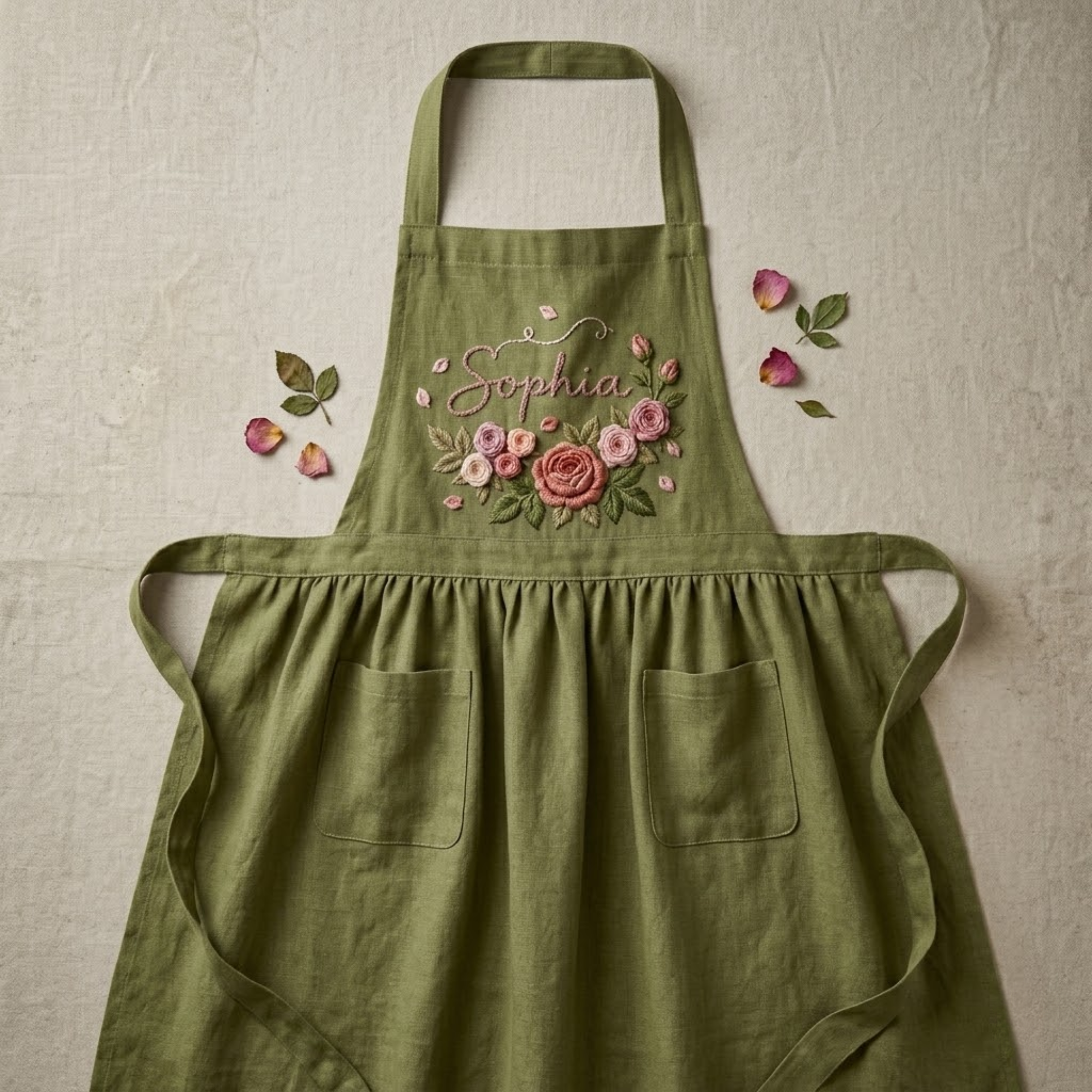 Personalized hand embroidered linen apron featuring pink rose floral embroidery and custom name personalization on a sage green apron.
