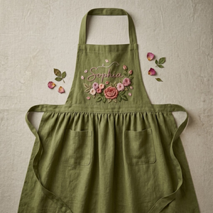 Personalized hand embroidered linen apron featuring pink rose floral embroidery and custom name personalization on a sage green apron.