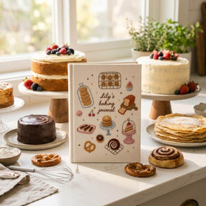 Personalized hand embroidered baking journal featuring cookies cakes donuts pastries macarons and bakery treats on linen cover