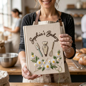 Personalized embroidered baking journal handmade linen recipe notebook with daisy flowers 2