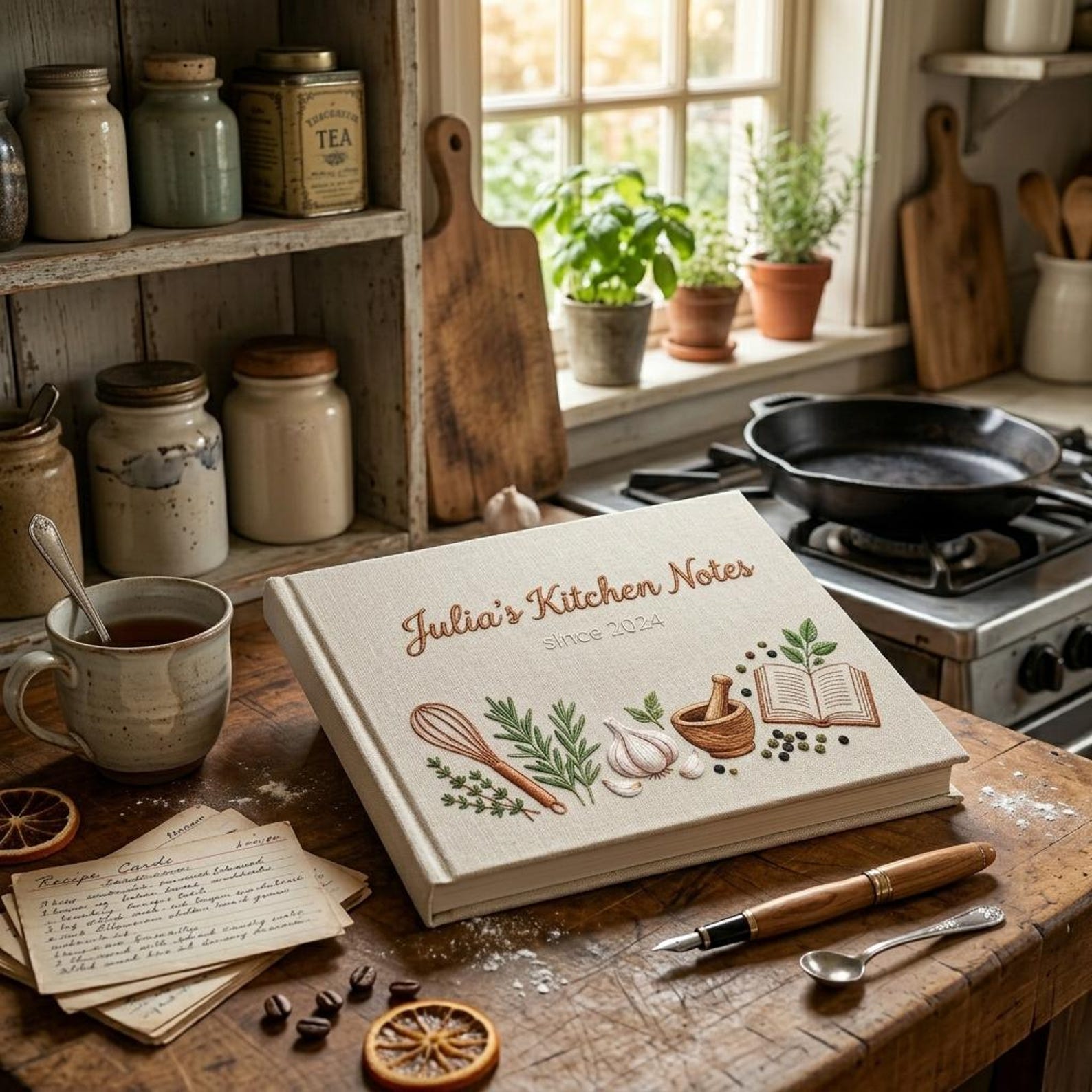 Personalized hand embroidered kitchen notes recipe journal featuring rosemary, herbs, garlic, whisk, mortar and pestle, peppercorns, and open recipe book on linen cover