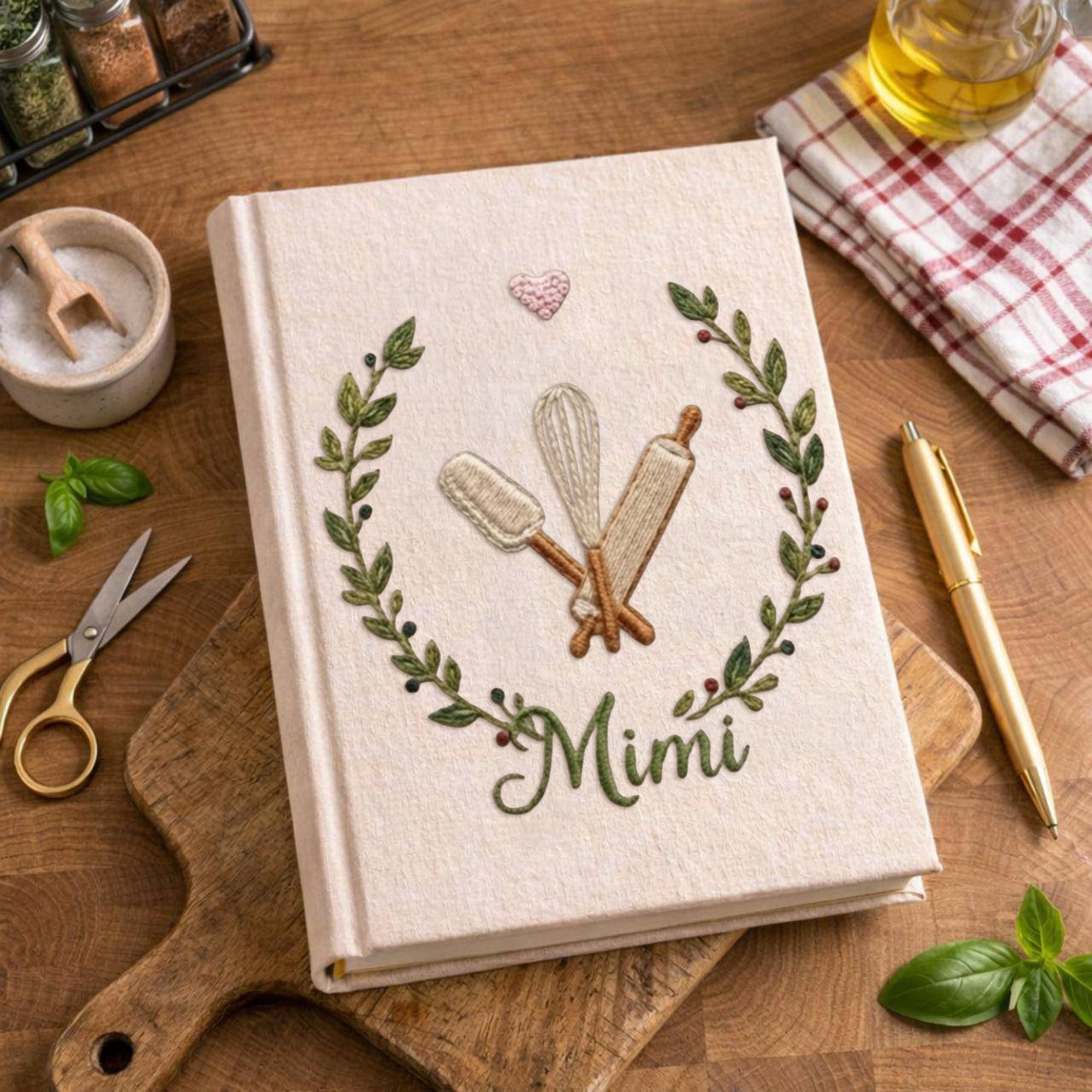 Personalized embroidered baking memory book handmade linen kitchen keepsake 4