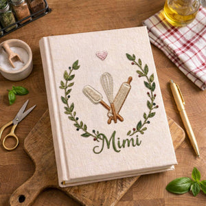 Personalized embroidered baking memory book handmade linen kitchen keepsake 4