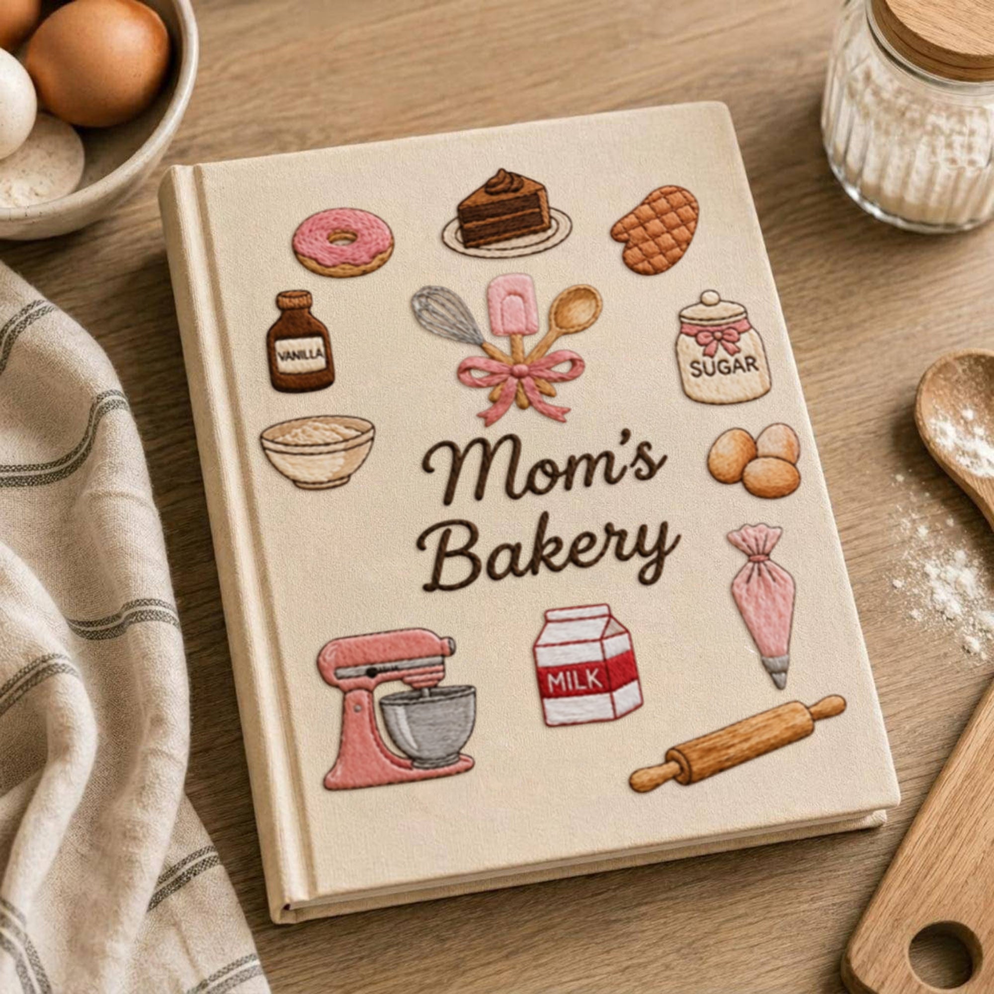 Personalized embroidered bakery recipe book handmade linen cookbook kitchen journal gift 2