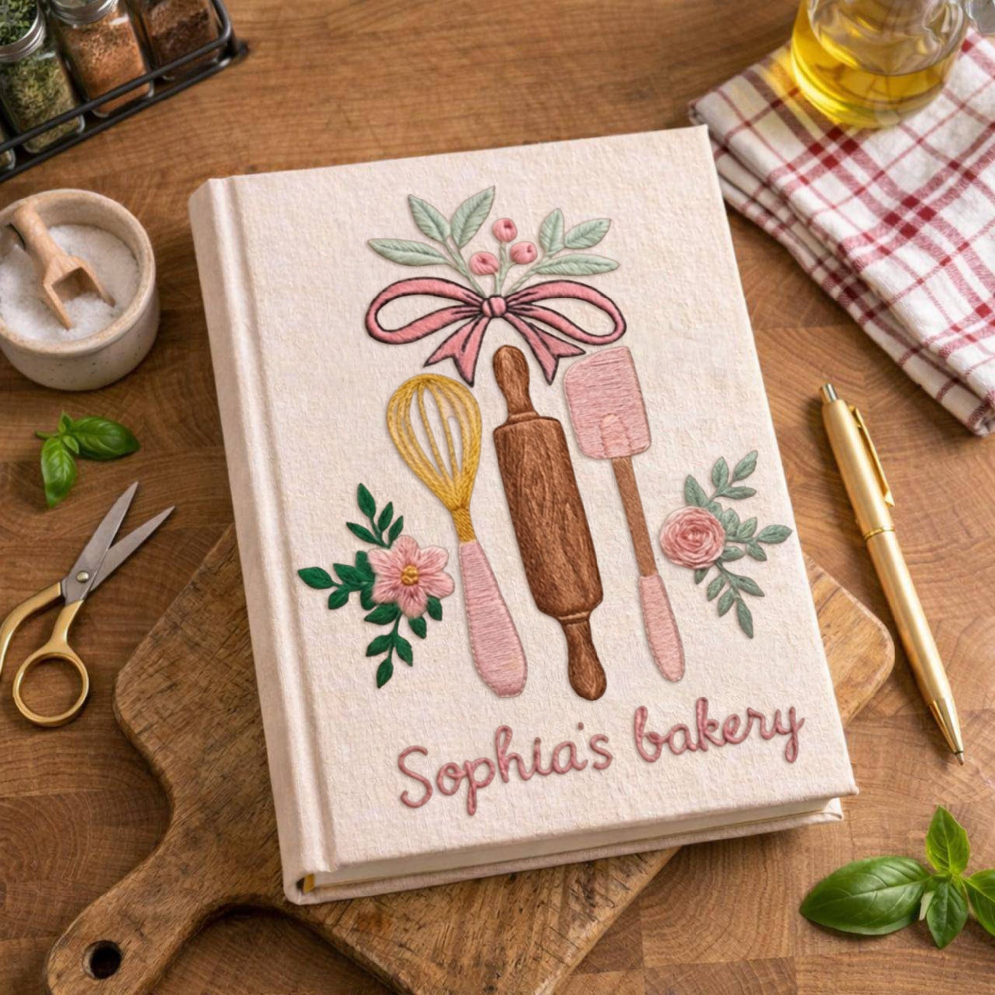 Personalized embroidered bakery recipe book handmade linen floral cookbook 3