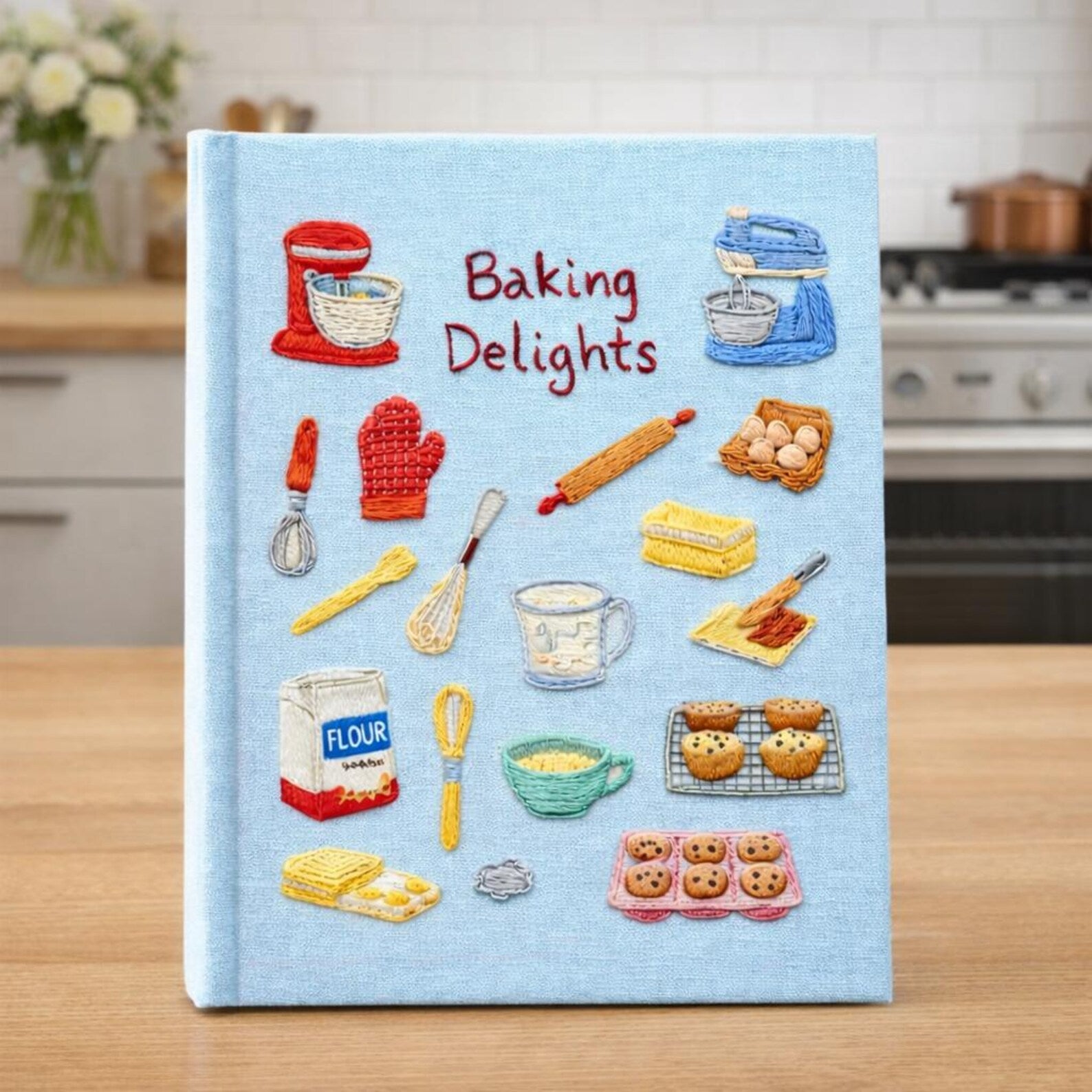 Hand embroidered recipe book featuring vintage baking studio essentials including stand mixers, rolling pins, flour, eggs, whisks, muffins and cookies on a linen cover.