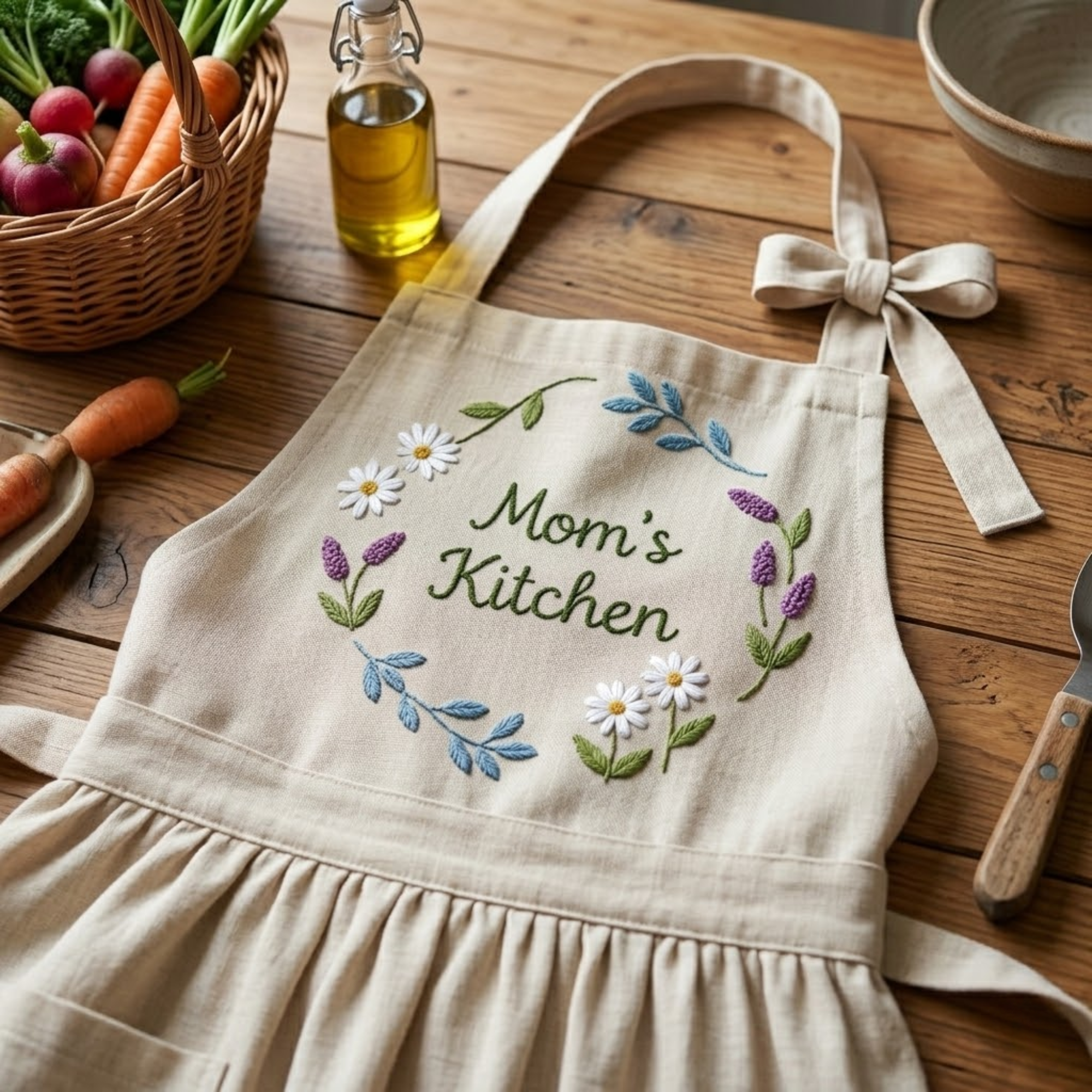 Personalized hand embroidered apron featuring floral wreath embroidery with custom name surrounded by pink roses and botanical accents.
