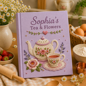 Personalized floral teapot hand embroidered recipe book with custom name and tea party design