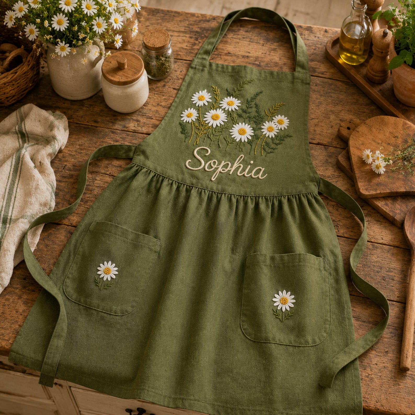 Personalized hand embroidered daisy flower apron featuring custom name embroidery, white daisies, and botanical greenery on natural linen fabric.