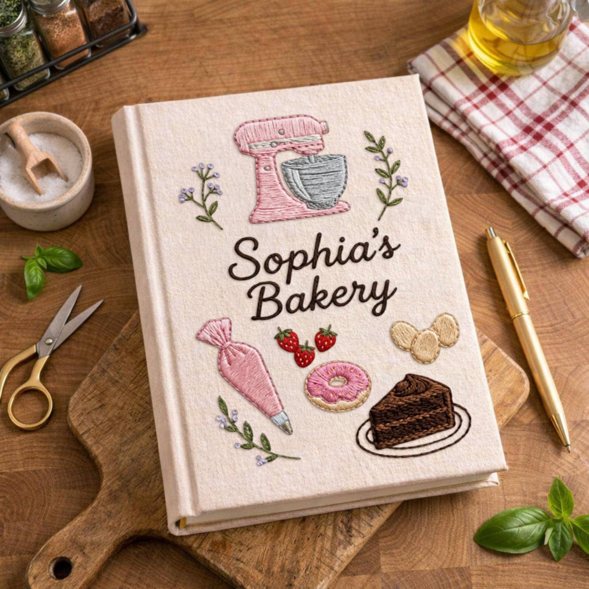 Personalized embroidered bakery recipe book handmade linen cookbook baking journal 3