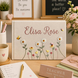 Personalized daisy butterfly hand embroidered linen notebook with custom name floral journal gift