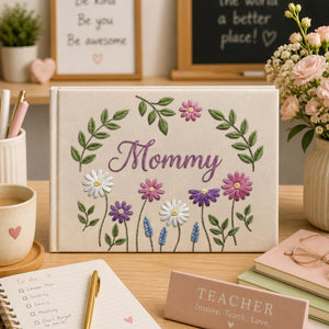 Personalized floral wreath hand embroidered linen notebook with botanical flowers and custom name