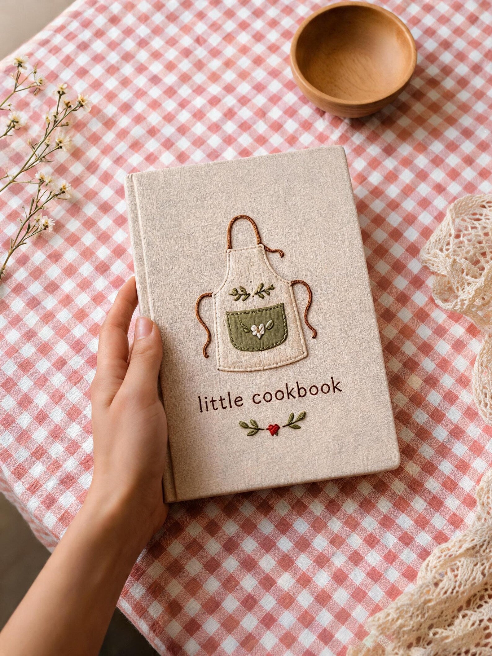 Hand embroidered recipe book featuring a minimalist cottagecore apron design on a linen hardcover notebook.