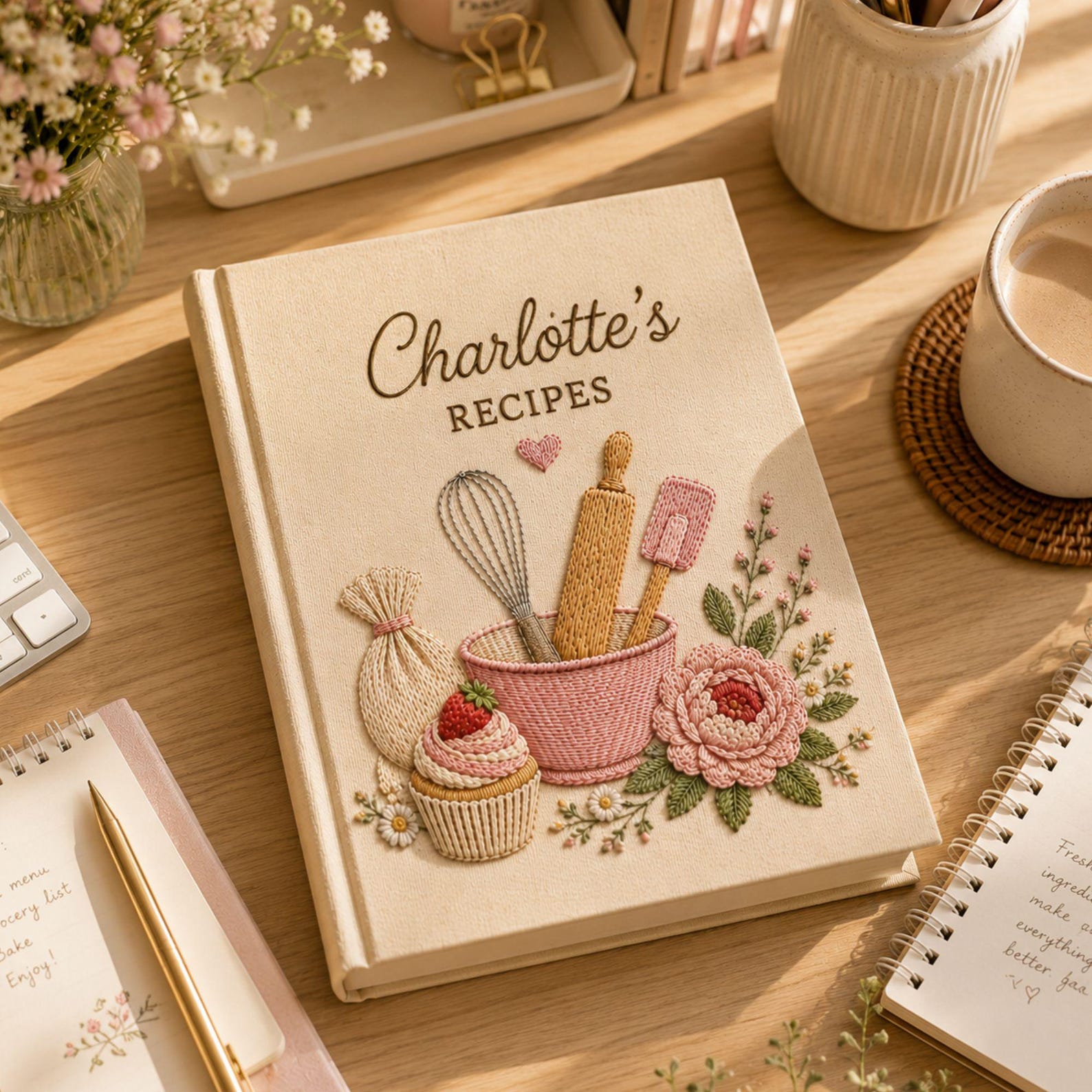 Personalized bakery flower hand embroidered recipe book with mixing bowl whisk rolling pin cupcake and floral embroidery on linen cover