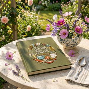 Personalized cottage garden hand embroidered recipe book featuring floral wreath, whisk, mixing bowl, rolling pin, chef hat, and farmhouse kitchen embroidery on linen cover