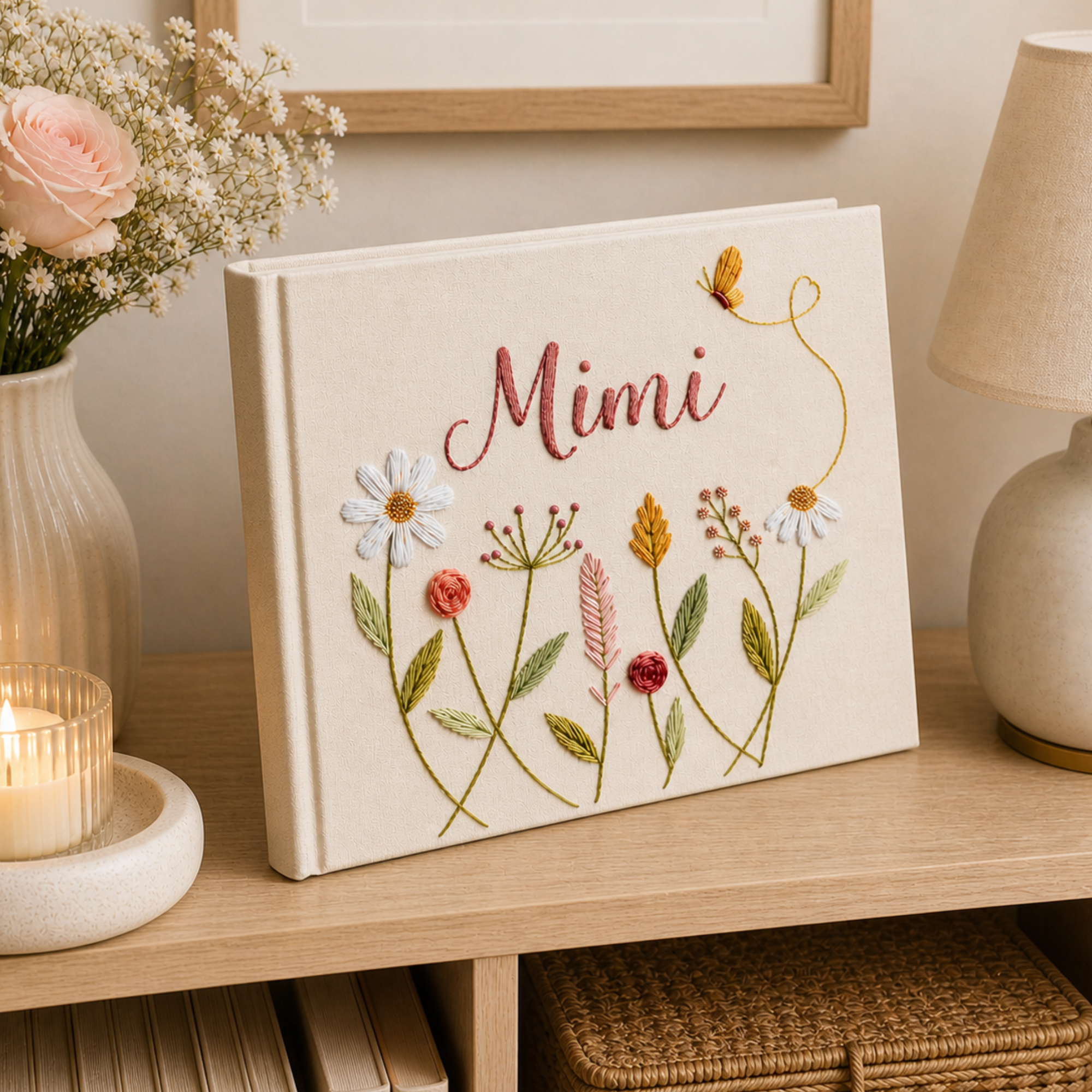 Personalized romantic wildflower hand embroidered linen notebook with butterfly heart trail and custom name