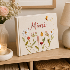 Personalized romantic wildflower hand embroidered linen notebook with butterfly heart trail and custom name
