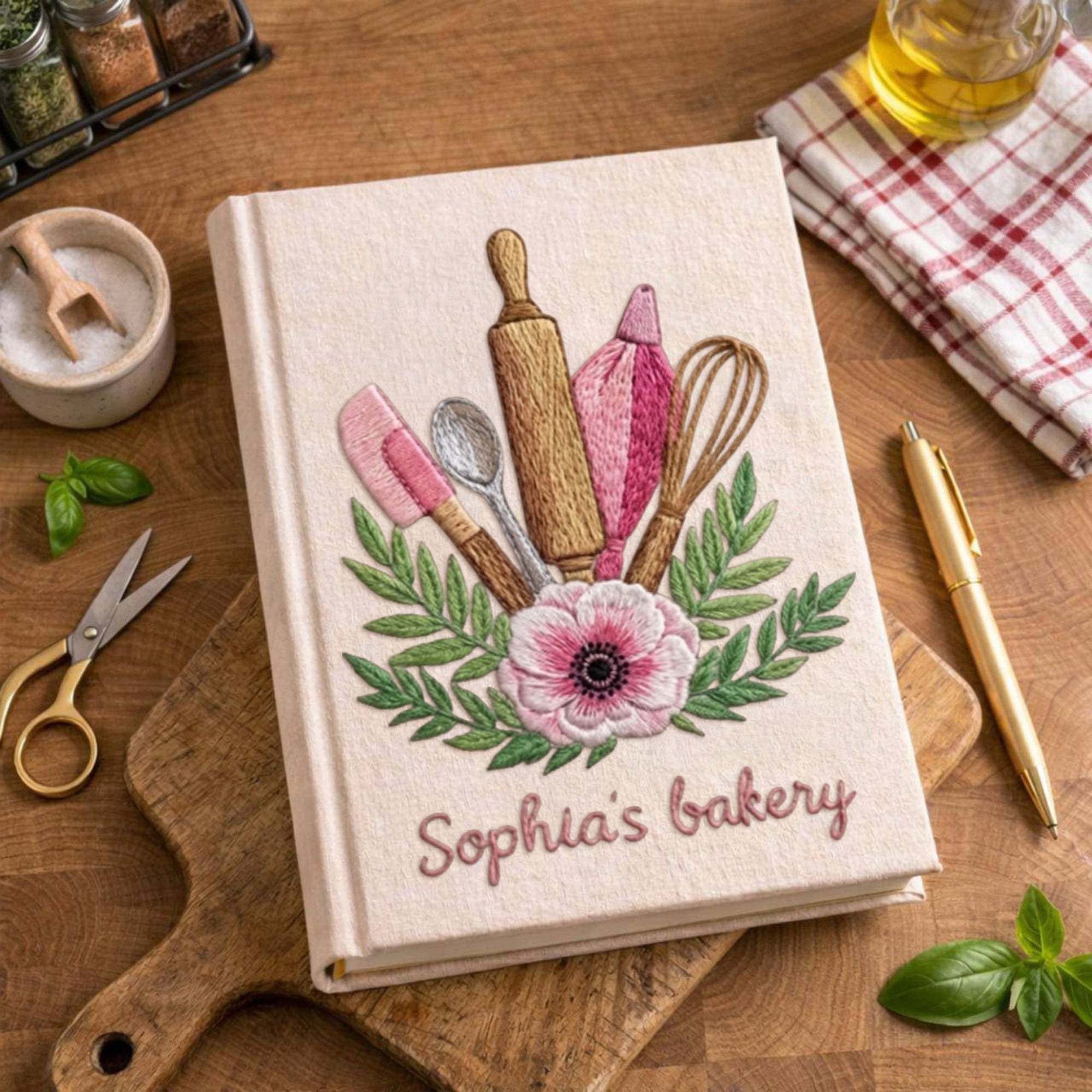 Personalized embroidered bakery recipe book handmade linen floral cookbook 3