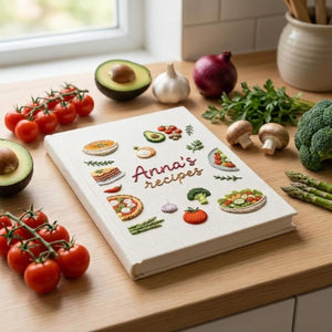 Hand embroidered recipe book featuring vegetables salads pizza lasagna soups herbs and family meal inspired food illustrations on linen cover