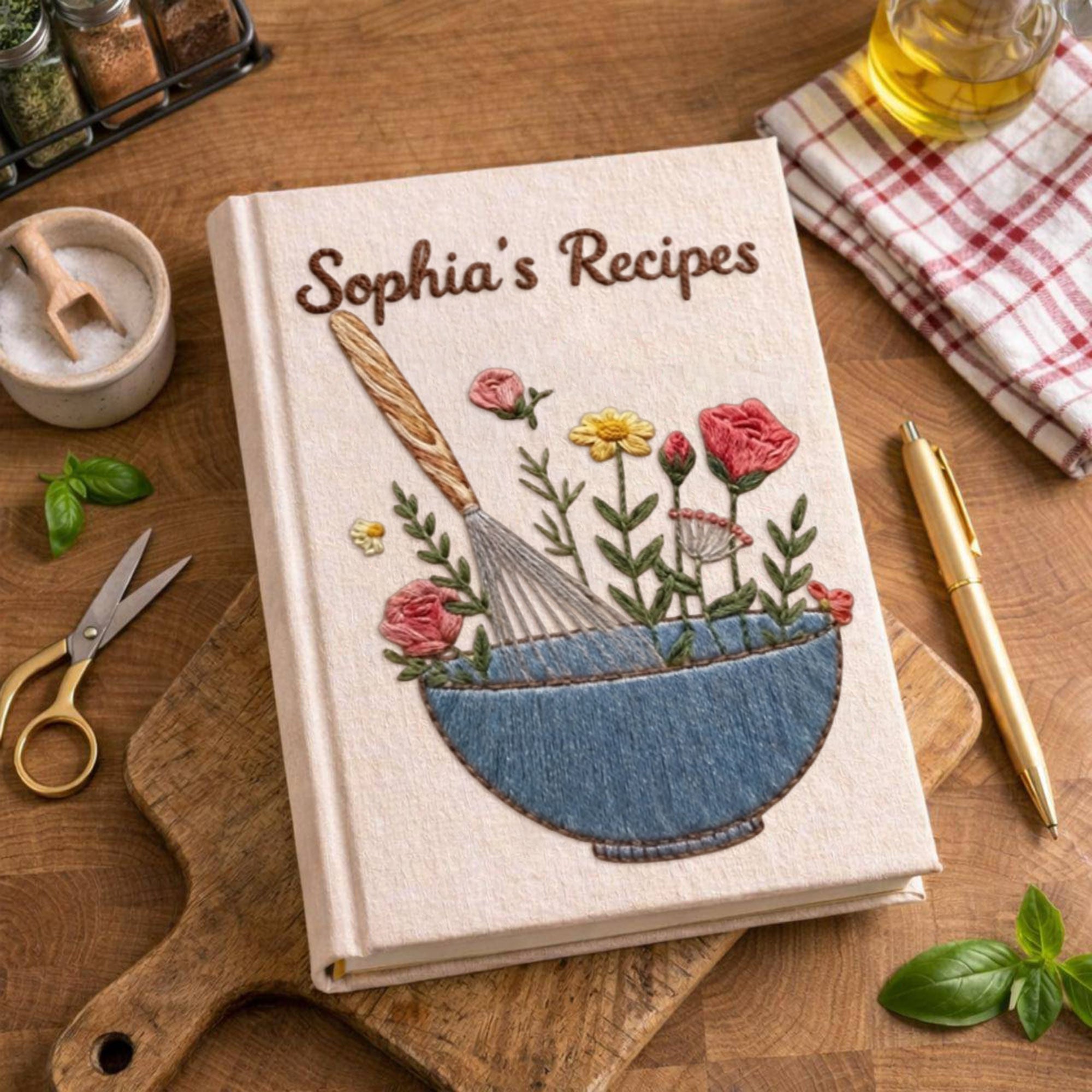 Personalized embroidered floral recipe journal handmade linen cookbook with blue mixing bowl 3