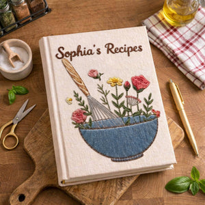 Personalized embroidered floral recipe journal handmade linen cookbook with blue mixing bowl 3