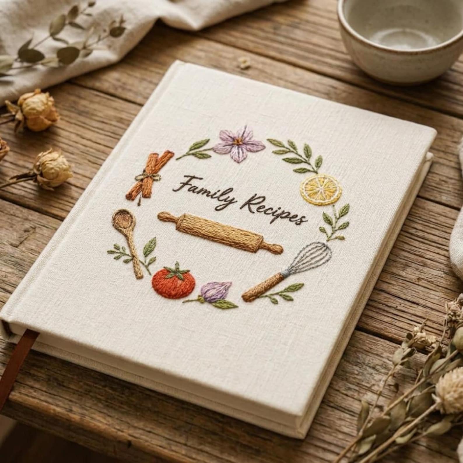 Hand embroidered family recipe book featuring rolling pin, whisk, cinnamon sticks, herbs, flowers and rustic kitchen accents on linen cover.