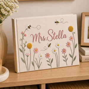 Personalized daisy bee garden hand embroidered linen notebook with floral embroidery and custom name