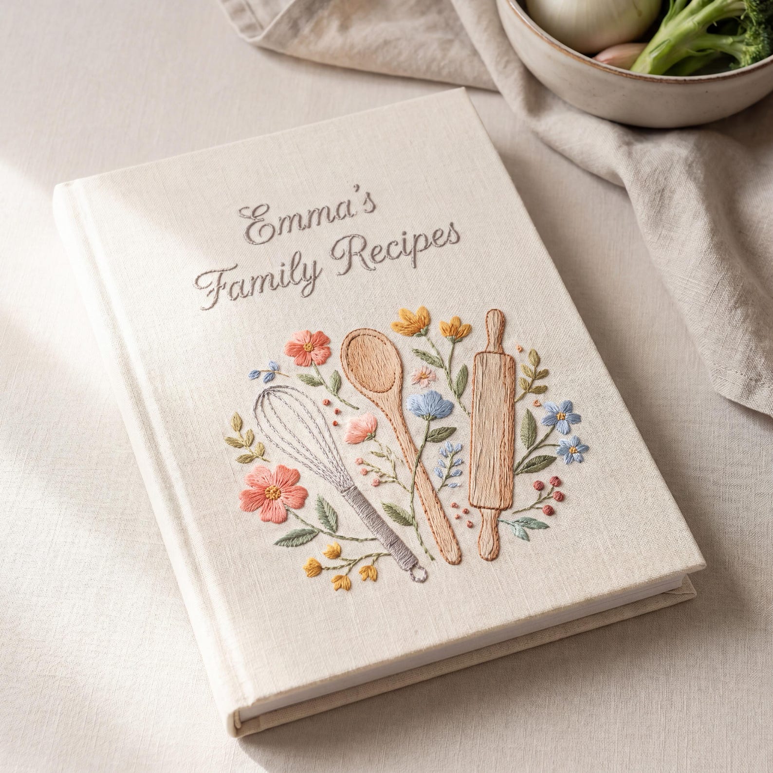 Personalized family kitchen hand embroidered recipe book featuring rolling pin whisk herbs wildflowers and farmhouse kitchen embroidery