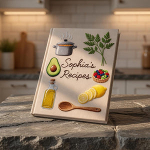 Personalized hand embroidered recipe book featuring cottage kitchen motifs, strawberries, teapot, herbs, lemons, avocado, olive oil and fresh cooking ingredients on linen cover.