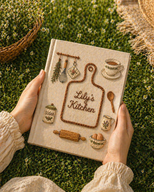 Hand embroidered recipe book featuring personalized cutting board design with rolling pin, whisk, sugar jar, teacup, eggs and cottage kitchen accents.