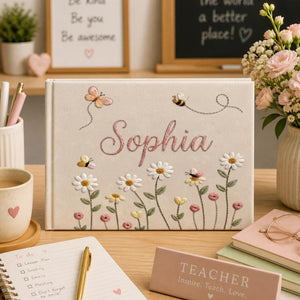Personalized daisy bee butterfly hand embroidered linen notebook with floral meadow and custom name