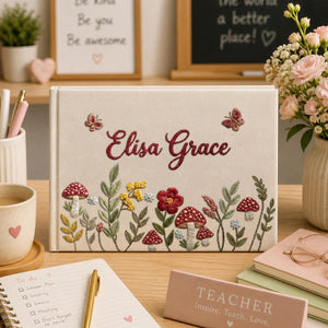 Personalized woodland mushroom hand embroidered linen notebook with butterflies wildflowers and custom name