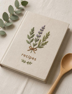 Hand embroidered recipe book featuring lavender herb bouquet embroidery tied with ribbon on linen hardcover cover