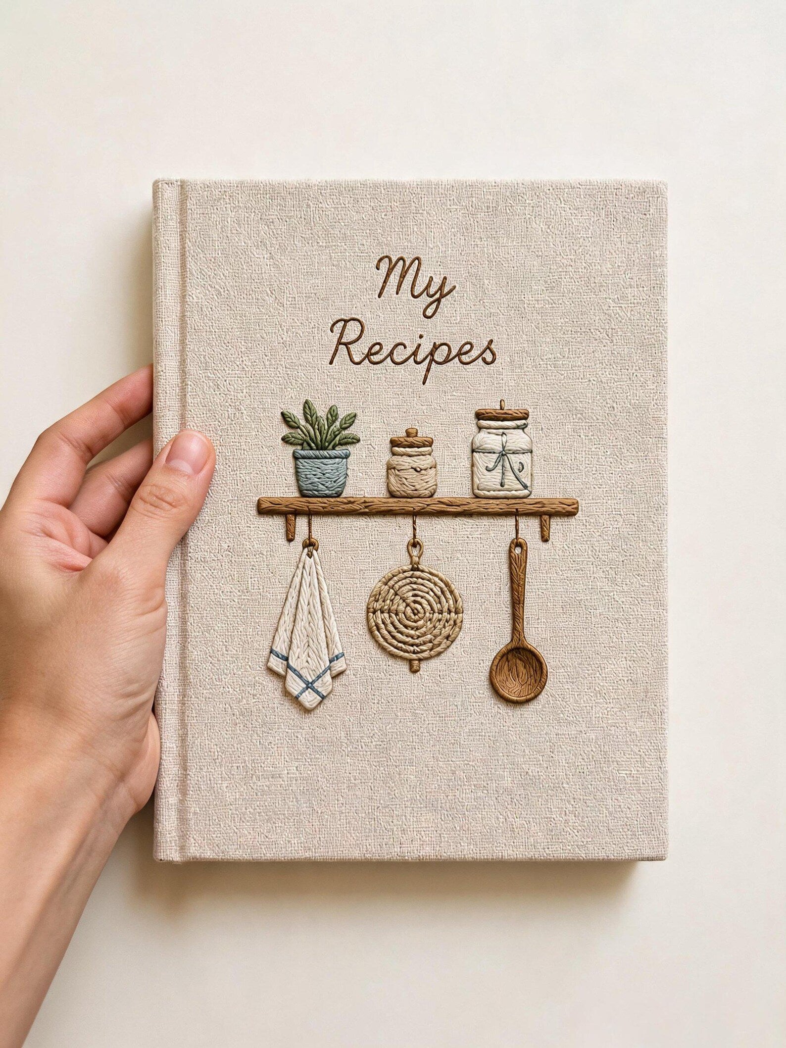 Hand embroidered recipe book featuring rustic pantry shelf with storage jars, botanical greenery, woven kitchen accents and cottage farmhouse decor.