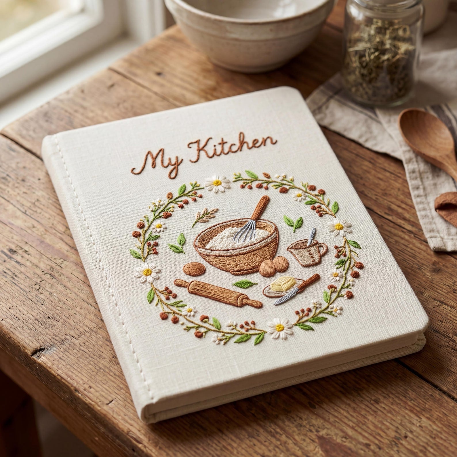 Personalized hand embroidered recipe book featuring rustic baking tools, daisy wreath, mixing bowl, rolling pin, butter dish and farmhouse kitchen design.