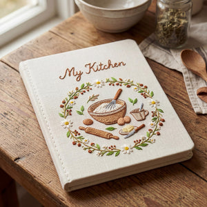 Personalized hand embroidered recipe book featuring rustic baking tools, daisy wreath, mixing bowl, rolling pin, butter dish and farmhouse kitchen design.