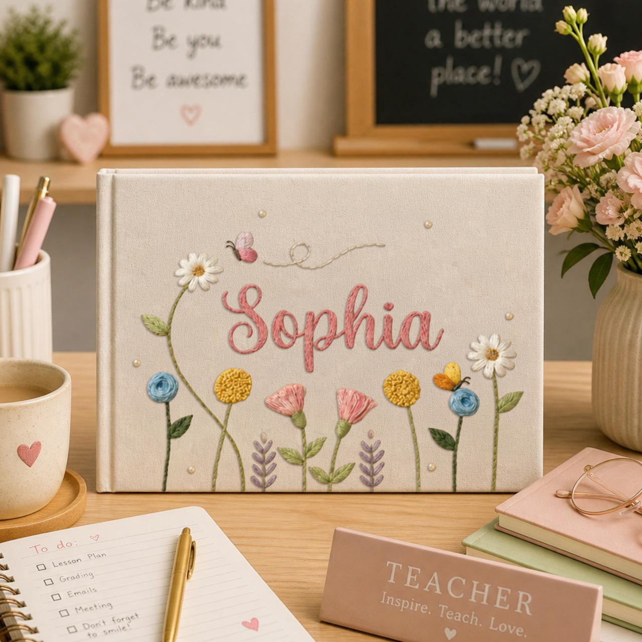 Personalized pastel wildflower hand embroidered linen notebook with butterflies colorful flowers and custom name