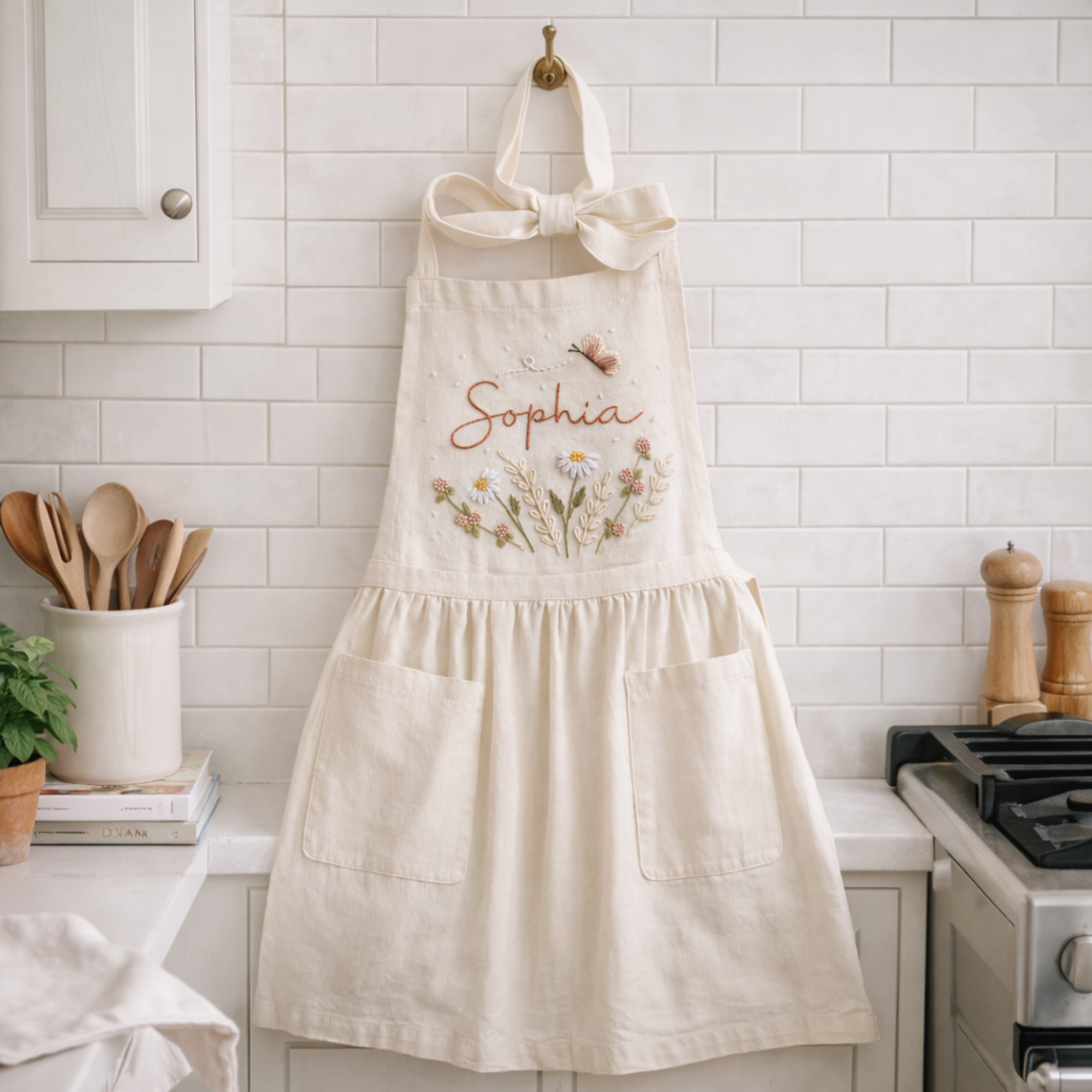 Personalized hand embroidered linen apron featuring wildflowers, daisy flowers, botanical foliage, butterfly embroidery, and custom name personalization on green linen fabric.