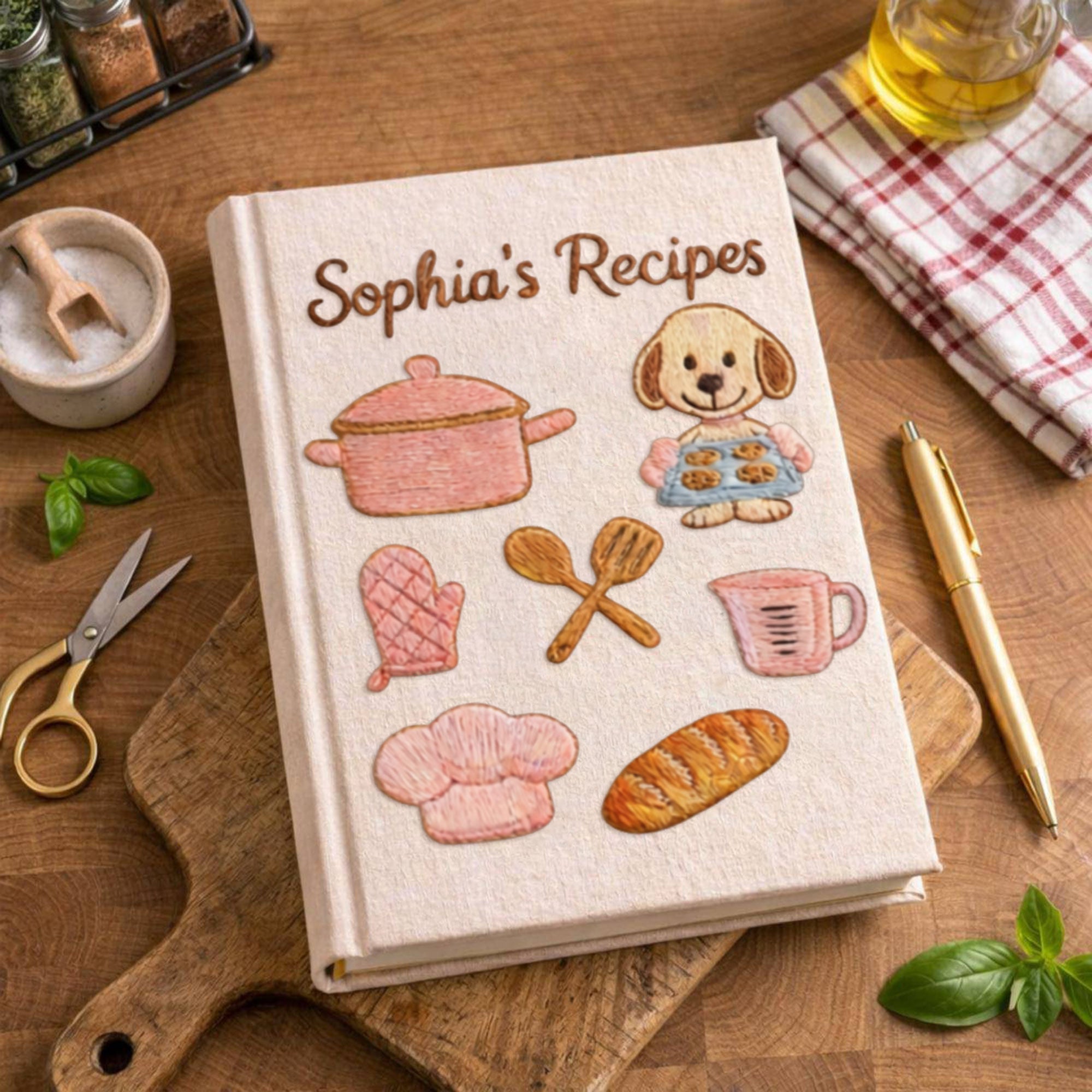 Personalized embroidered puppy baking recipe journal handmade linen cookbook 5