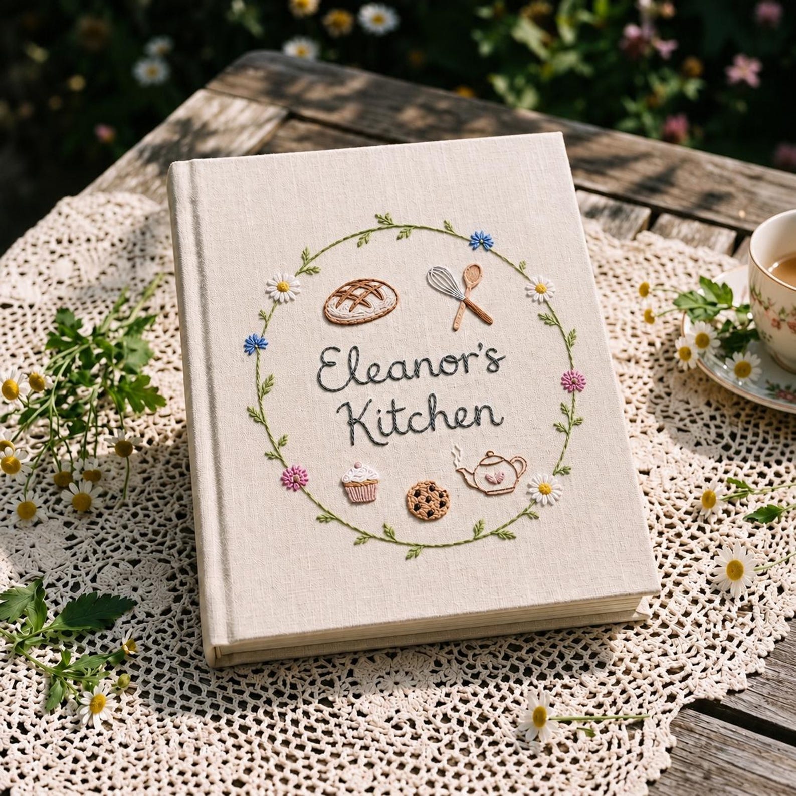 Personalized cottage kitchen hand embroidered recipe book featuring floral wreaths baking tools teapot bread cupcake and botanical embroidery