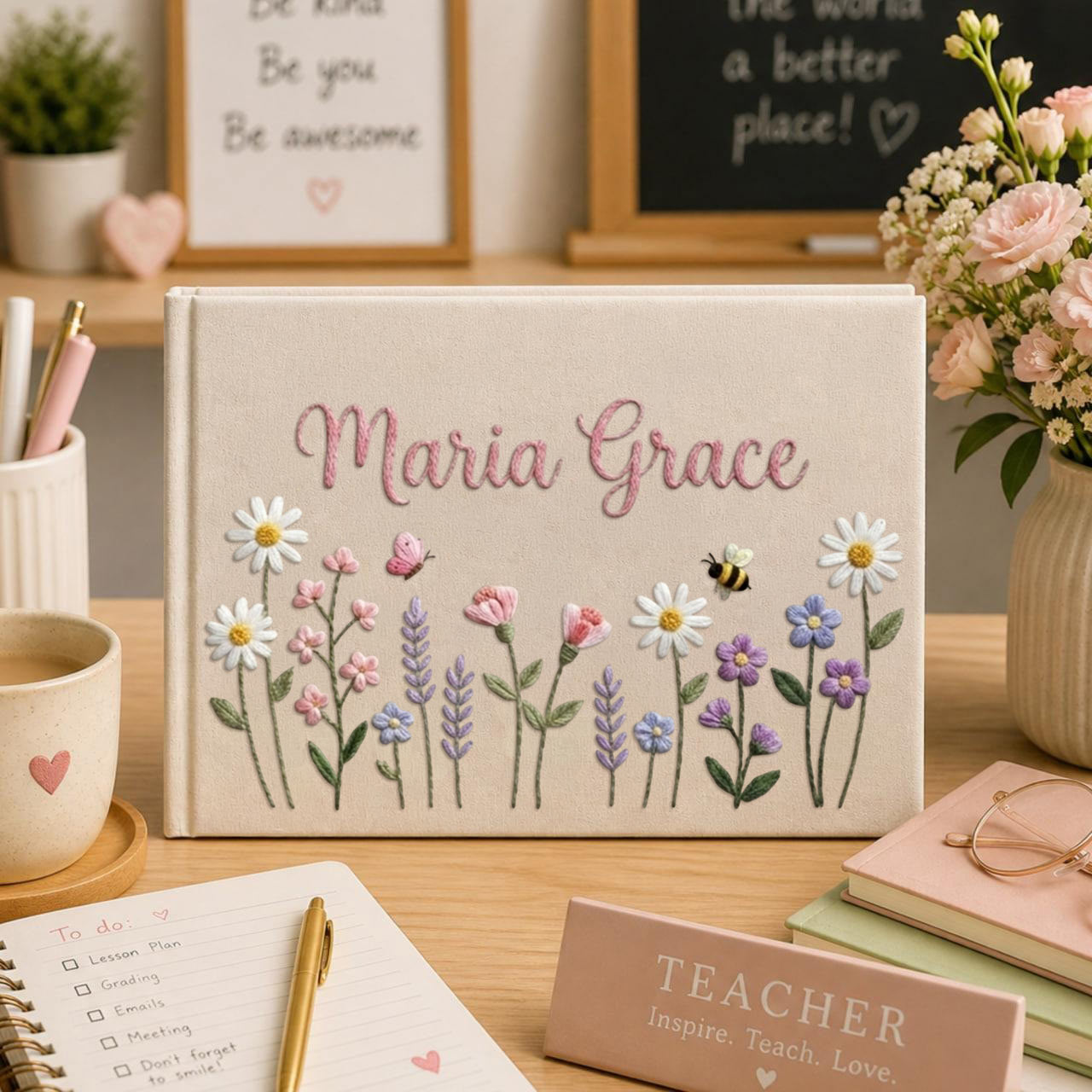 Personalized pastel cottage garden hand embroidered linen notebook with daisies bees flowers and custom name